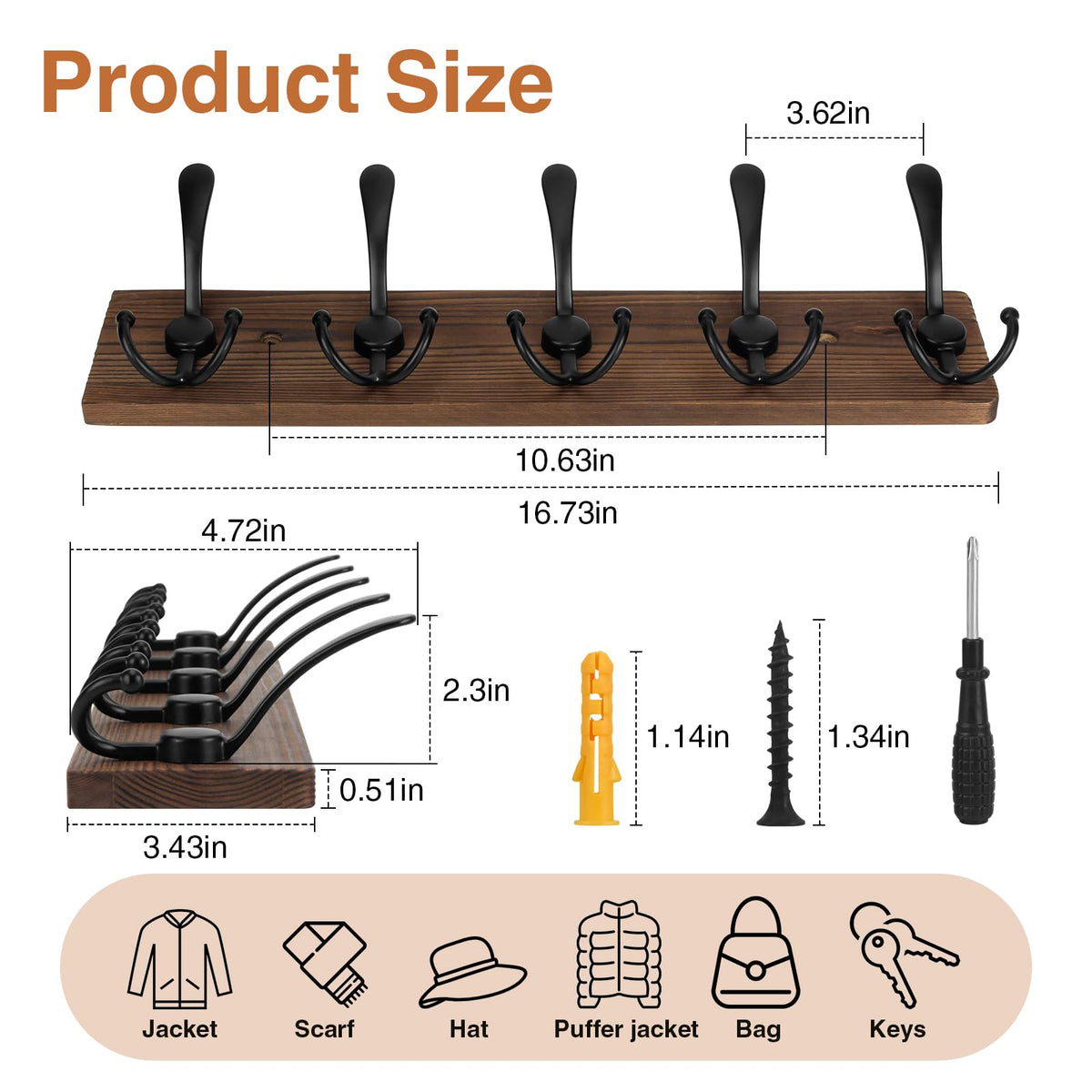 Wooden Coat Rack Wall Mount Heavy Duty, 2 Pack Coat Hanger Wall Mount with 5 Triple Hooks for