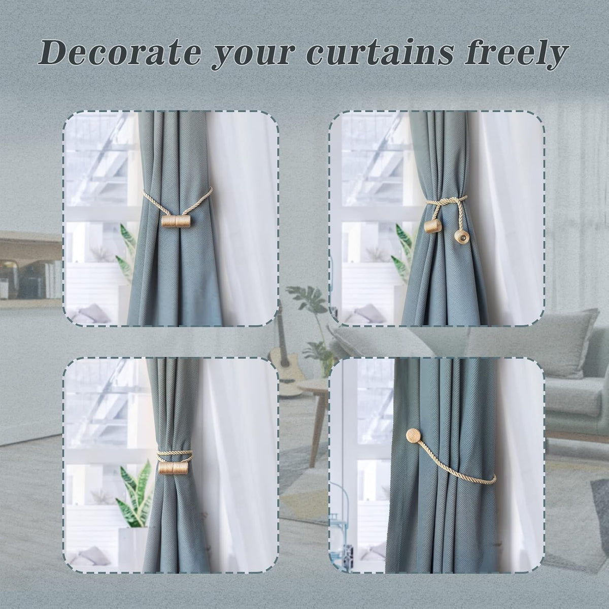 Hion Magnetic Curtain Tiebacks Beige 4 Pack, Curtain Tiebacks Buckles Holdbacks Holders Hooks Clip