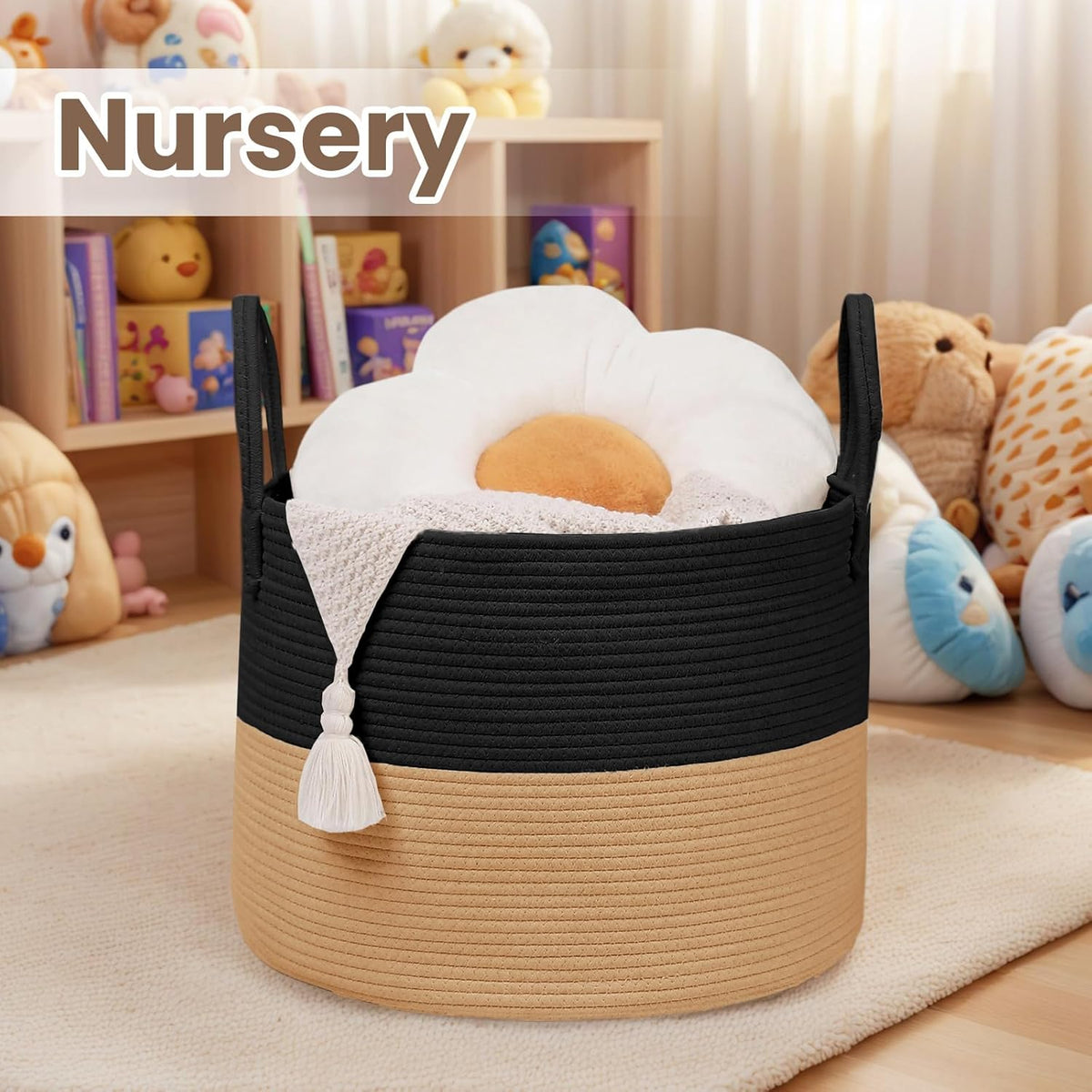 Woven Blanket Basket,65L Large Rope Storage Bin with Handles, Organizer for Blankets Toys Book and