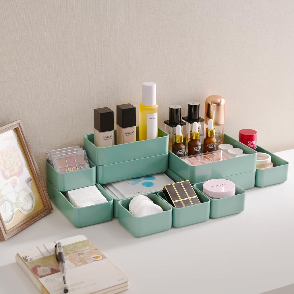 11-Piece Stackable Drawer Organizer Set, Multi-size Desk Drawer Organizer Trays Vanity Storage Bins