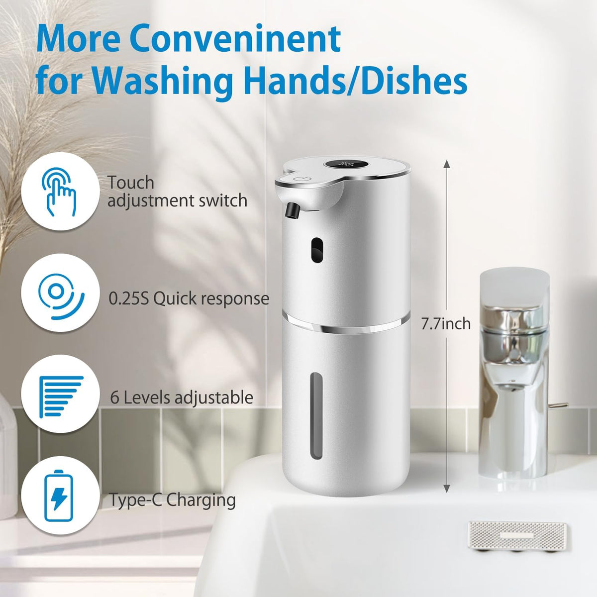 Automatic Foaming Soap Dispenser 12.8oz, Rechargeable & 6 Levels Foaming Adjustable with Digital