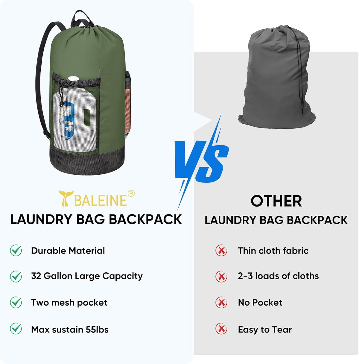 BALEINE 120L Laundry Bag Backpack, 900D Oxford Fabric Large Travel Laundry Bags with Shoulder