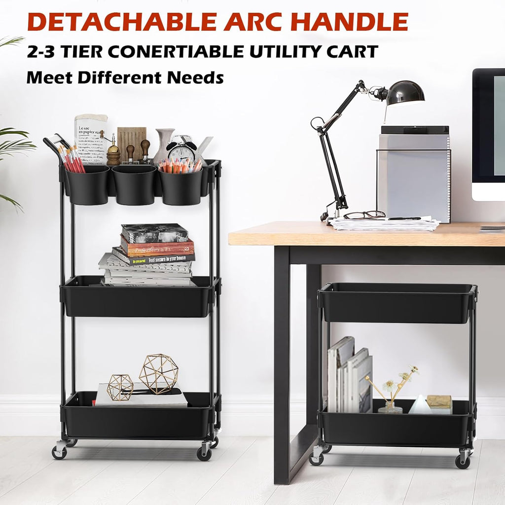 3-Tier Utility Rolling Cart,Mobile Utility Cart with Lockable Caster Wheels,Storage Shelves