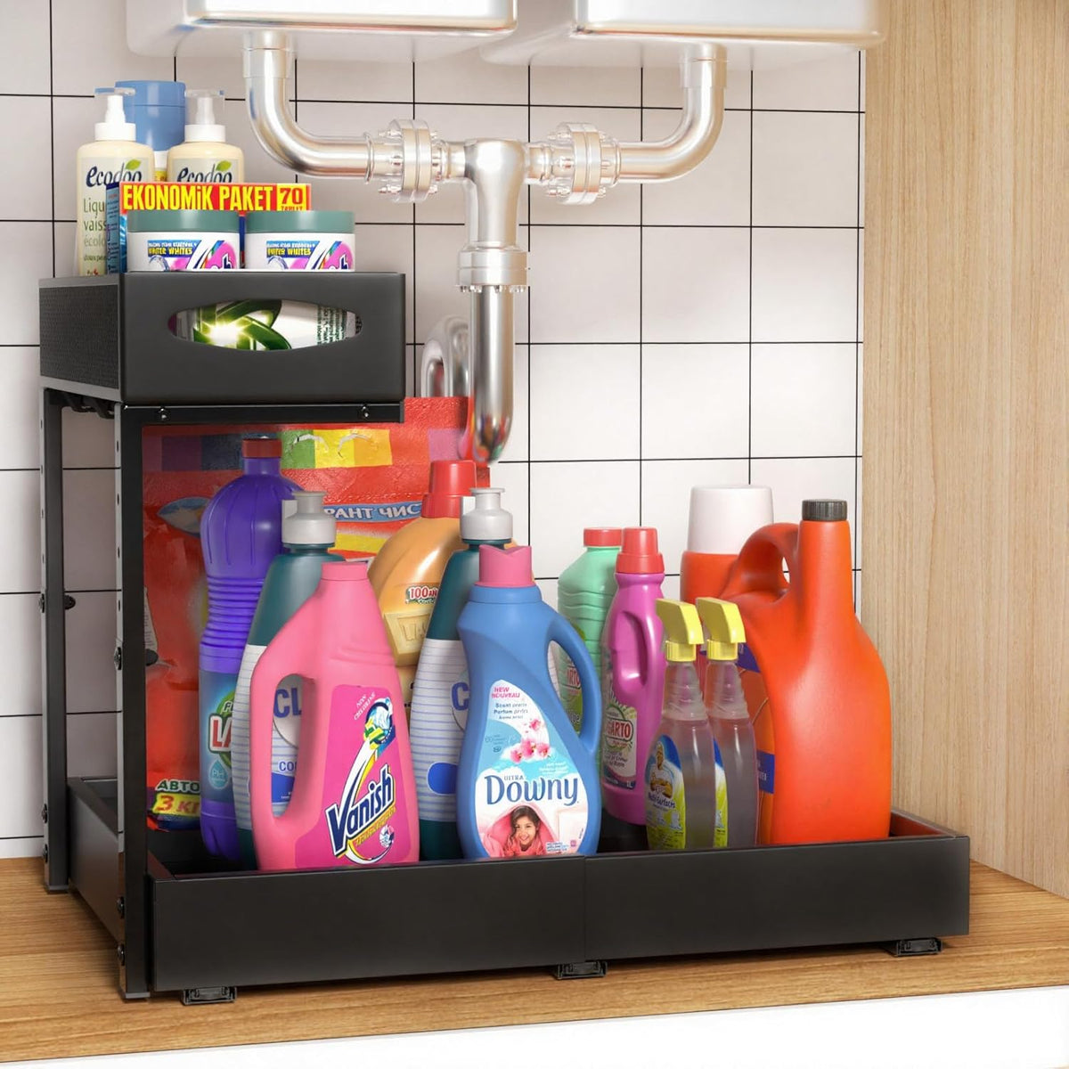 Housolution Under Sink Organizer, 13"-20" Width Expandable, 13"-17" Height Adjustable, 2 Tier Metal