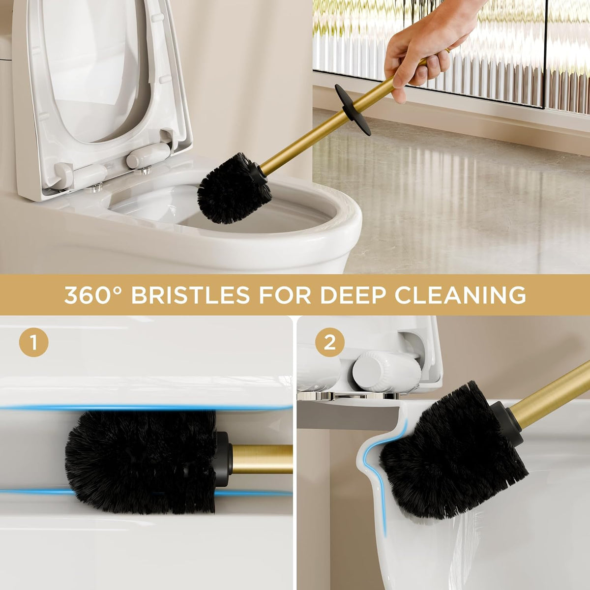 FORIOUS Toilet Brush and Holder Set, 304 Stainless Steel Long Handle and Heavy Duty Base for