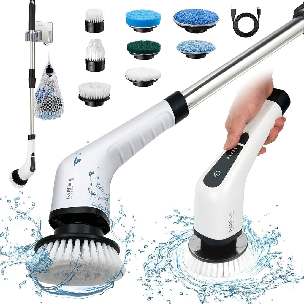 Electric Spin Scrubber, FARI Shower Cleaning Brush with 8 Replaceable Drill Brush Heads, Cordless