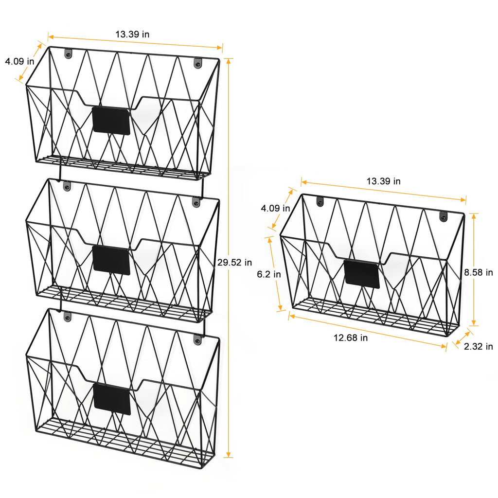 Wall File Organizer, 3 Pack Metal Wall Basket File Holder for Home Office