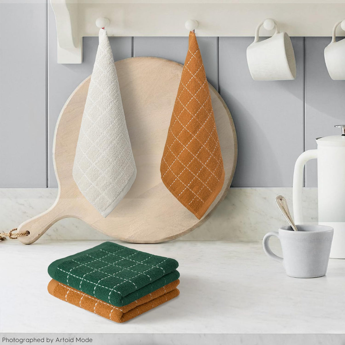 Artoid Mode Checkered Designed Cotton Beige Caramel Green Terry Kitchen Dish Cloths, 12x12 Inch