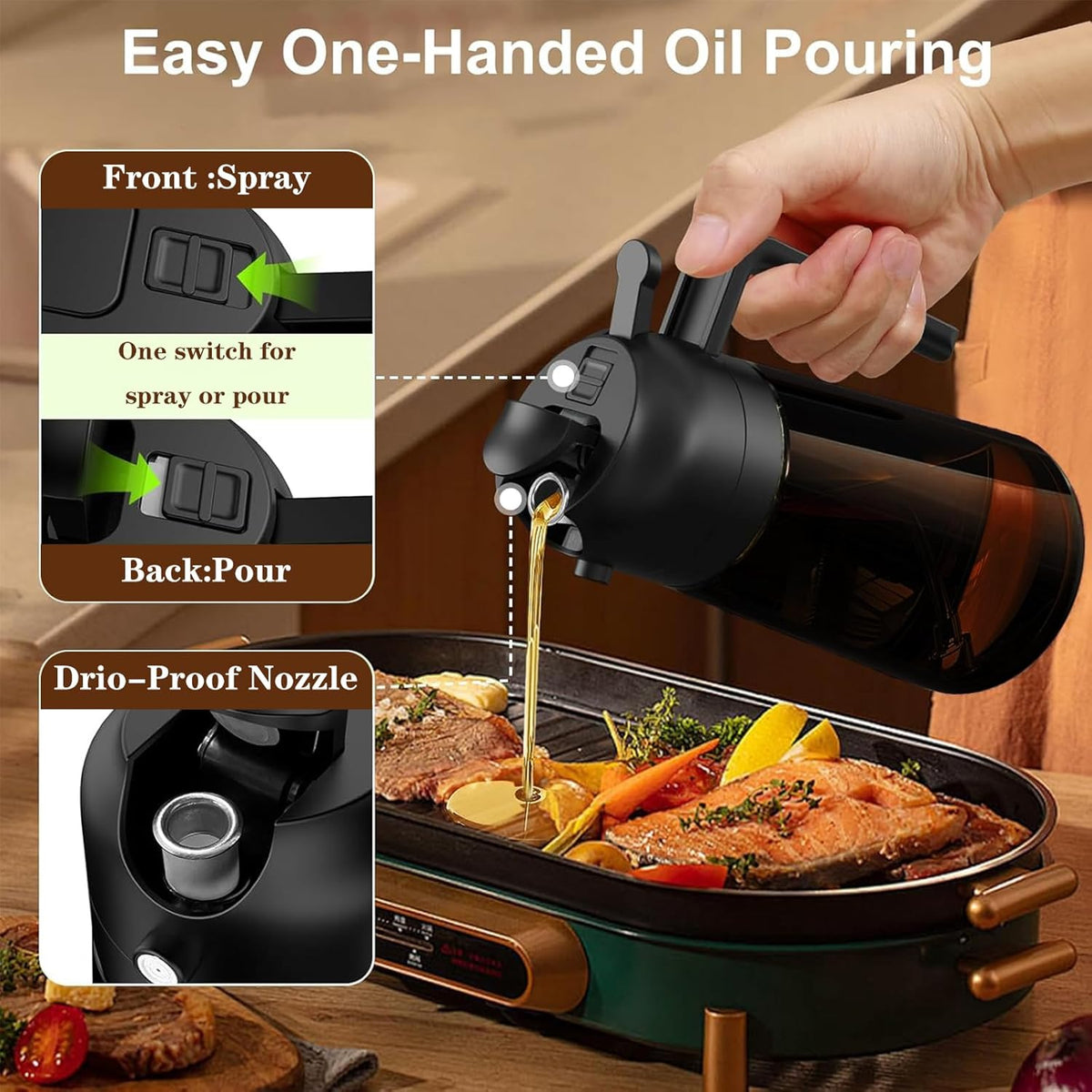 2-in-1 Glass Oil Dispenser & Sprayer - 16oz/470ml Leakproof Olive Oil Sprayer Bottle for Cooking