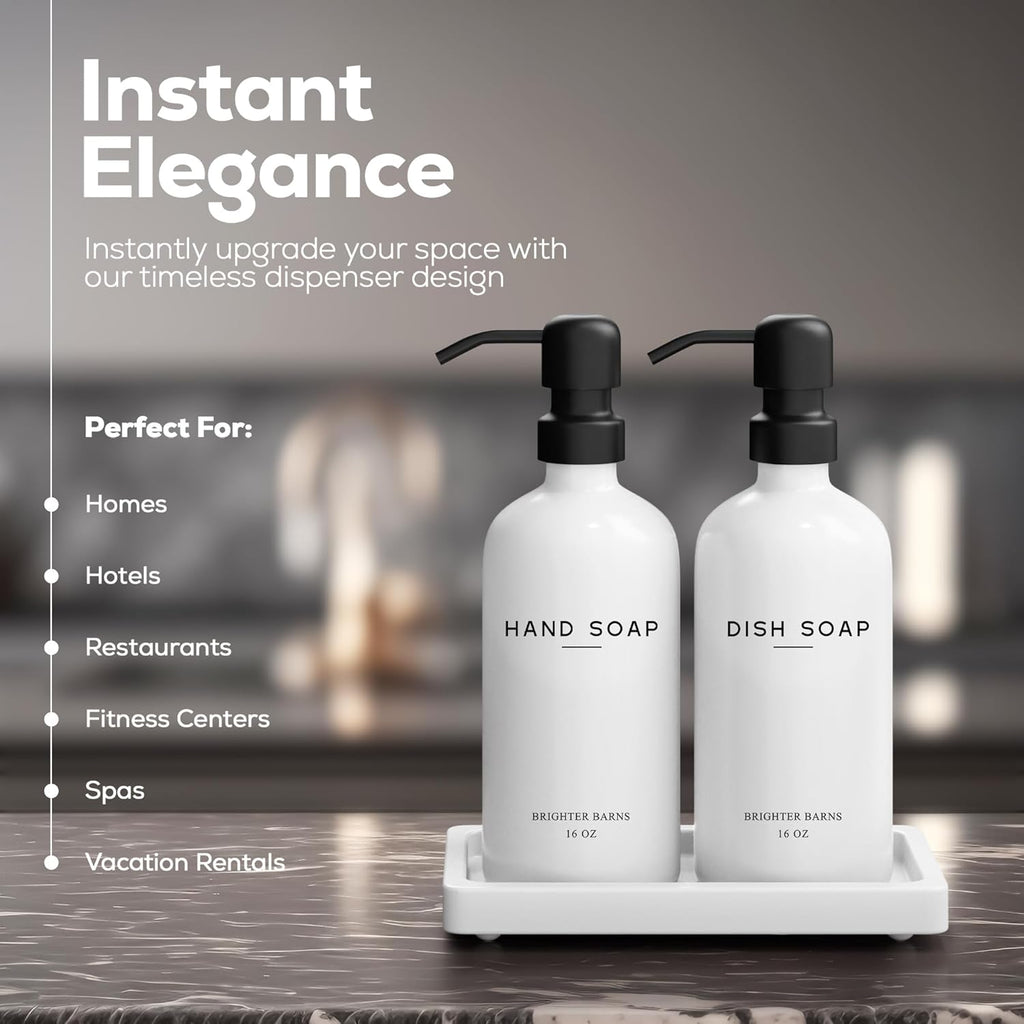 White Glass Hand and Dish Soap Dispenser Set by Brighter Barns - Kitchen Soap Dispenser Set with