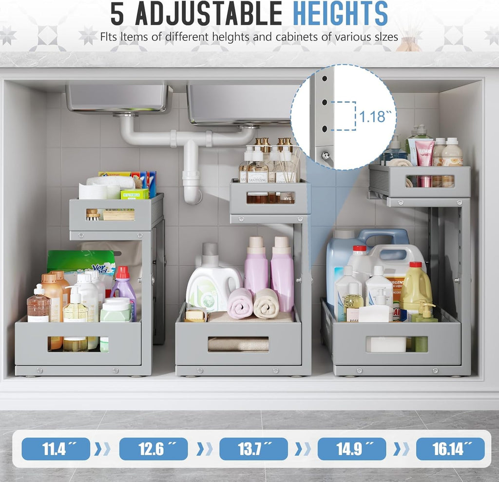1 Pack-11.4"-16.14" H Under Sink Storage Organizer, Large 2-Tier Elegant Mesh Pull Out Shelf for