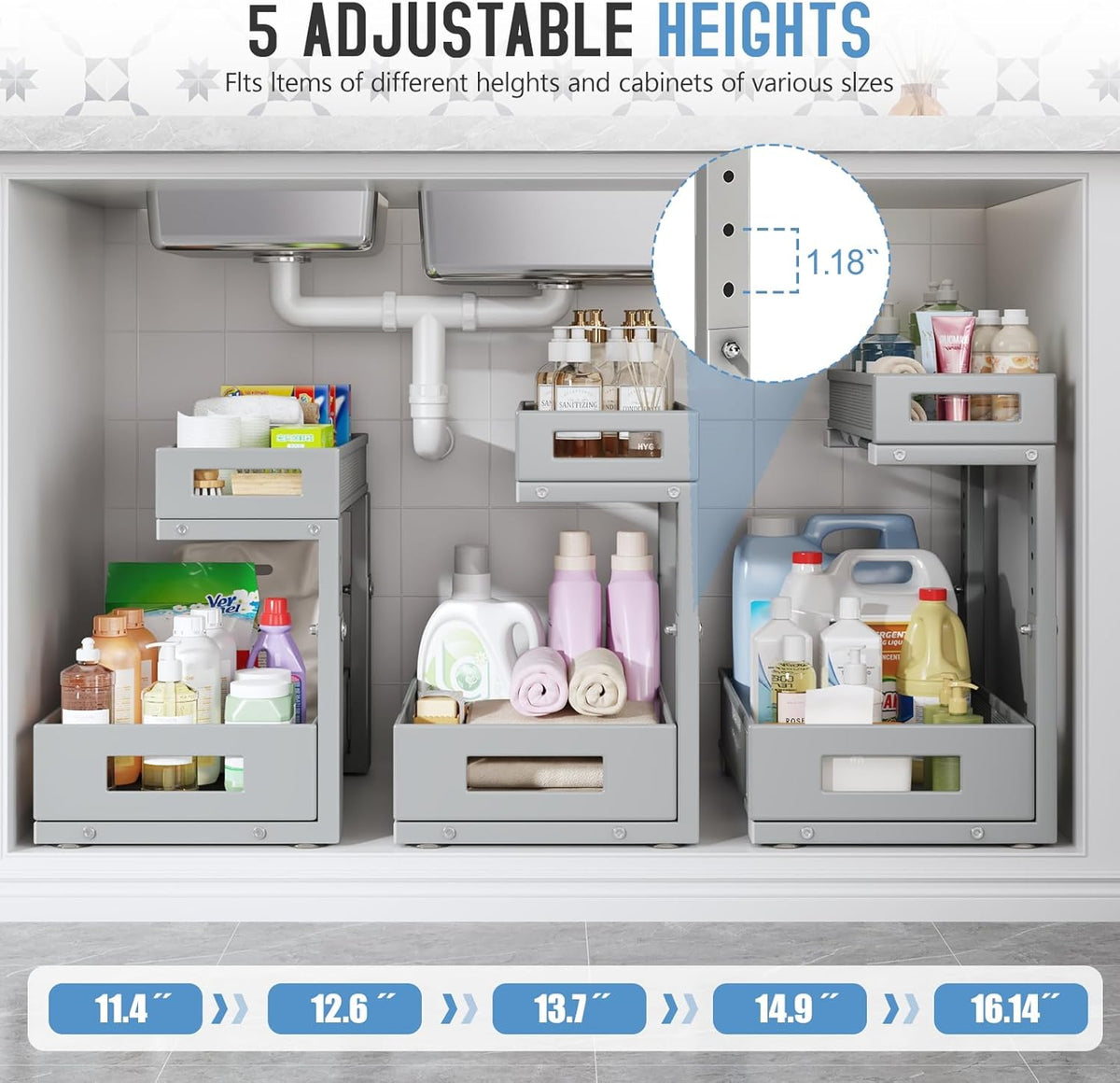 1 Pack-11.4"-16.14" H Under Sink Storage Organizer, Large 2-Tier Elegant Mesh Pull Out Shelf for