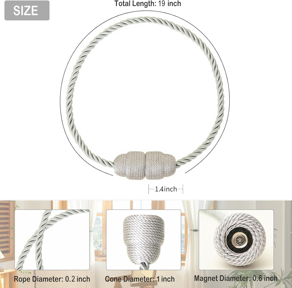 Magnetic Curtain Tiebacks Rope Curtain Tie Backs for Curtains 4 Pack Curtain Holders for Drapes