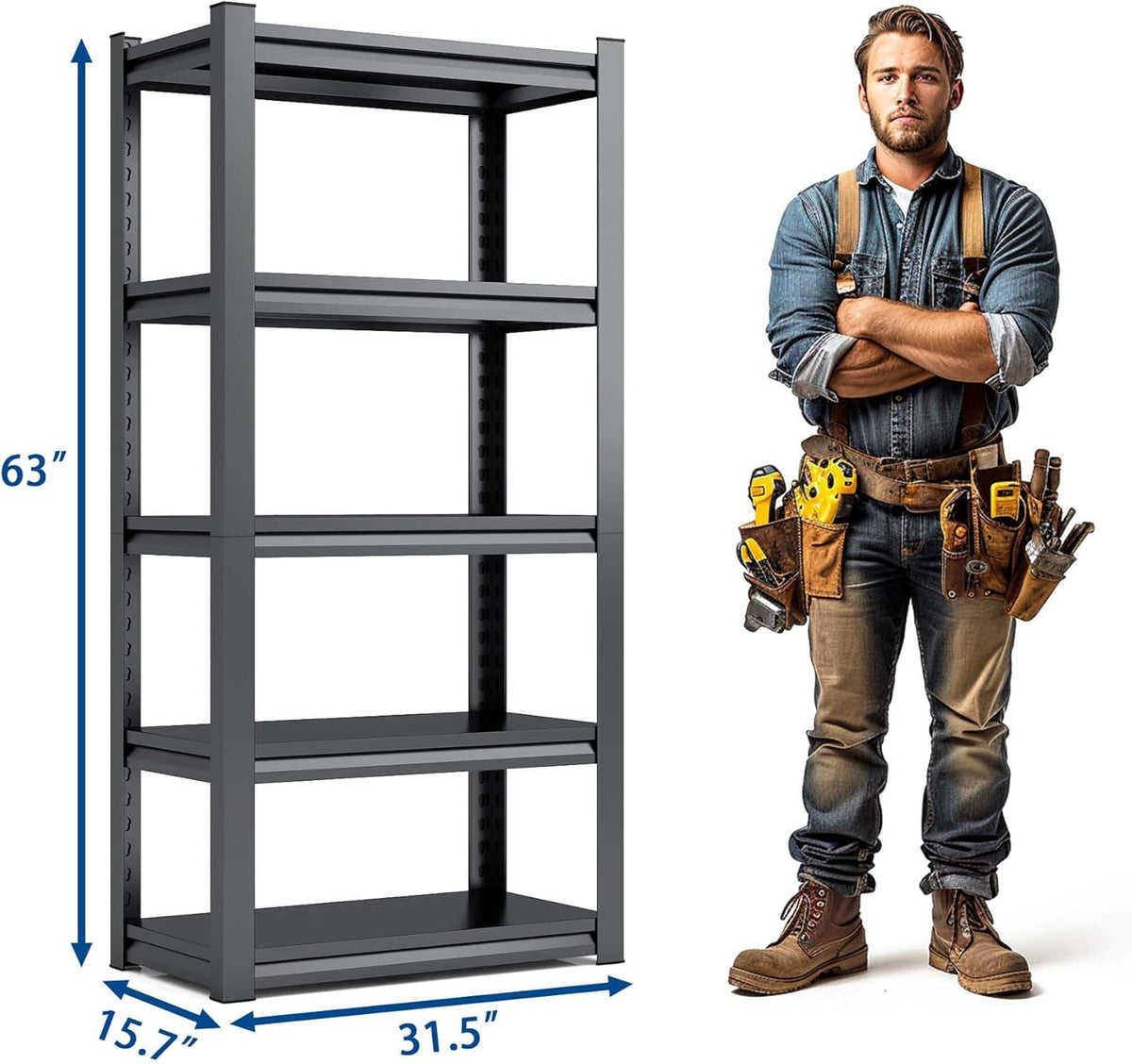 63" H Heavy Duty Garage Shelving, Metal Storage Shelves, Adjustable 5 Tier Metal Shelving Unit