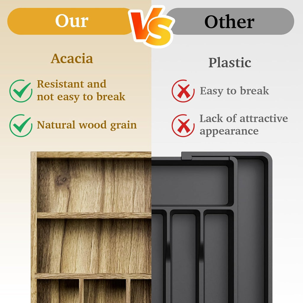 Acacia Wood Silverware Drawer Organizer, Kitchen Utensil Cutlery Drawer Organizer with Grooved