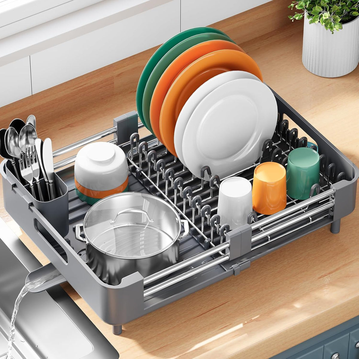 Dish Drying Rack for Kitchen Counter, Extendable Dish Rack with Drainboard, Expandable Dish