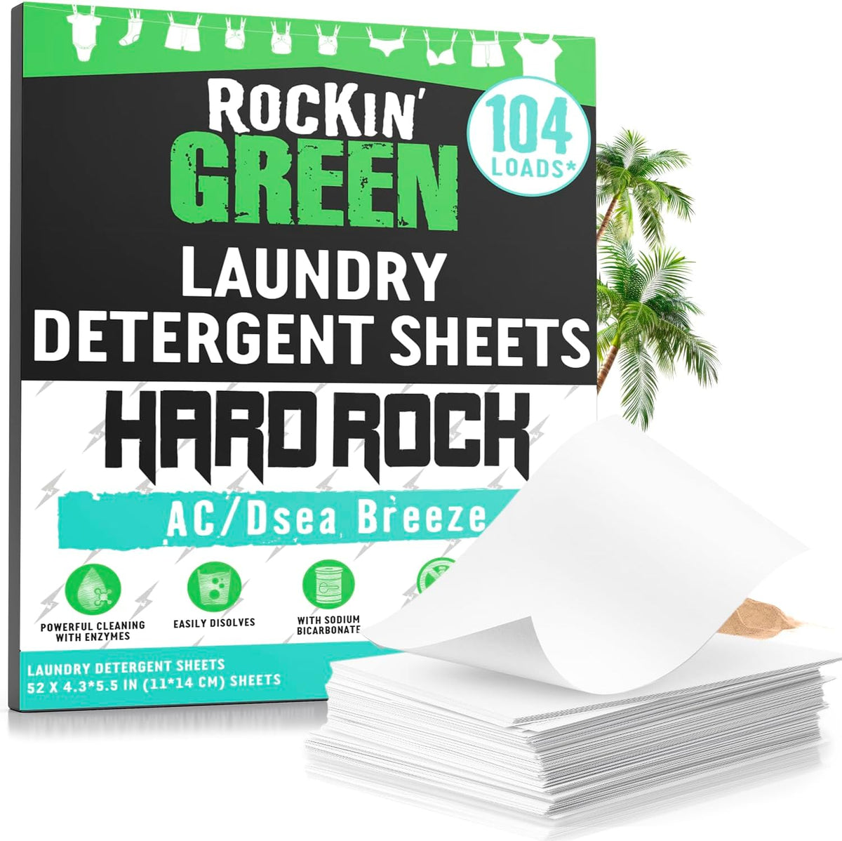 Rockin' Green Hard Rock Travel Laundry Detergent Sheets for Hard Water - Mess-Free Laundry Sheet