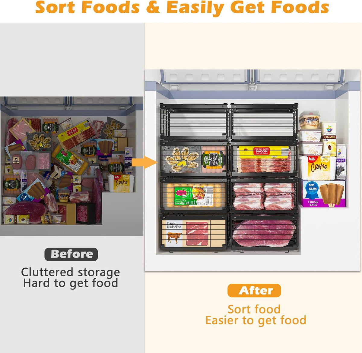 NADAMOO Freezer Organizer Bins, 3 Packs Large Expandable Stackable Chest Freezer Containers with