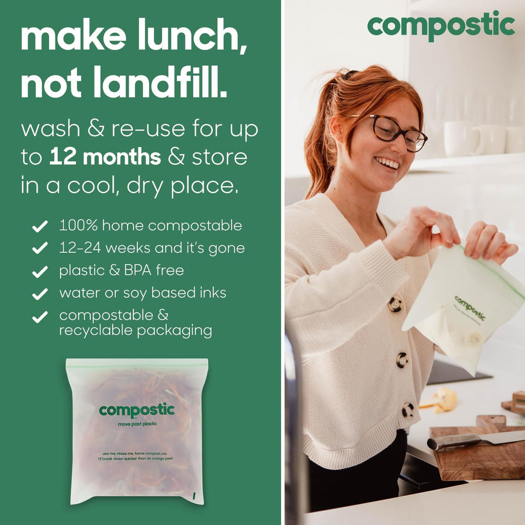 Compostic Home Compostable Resealable Snack Bags (6"x 3.5"), Microwave & Freezer Safe, Organic Food