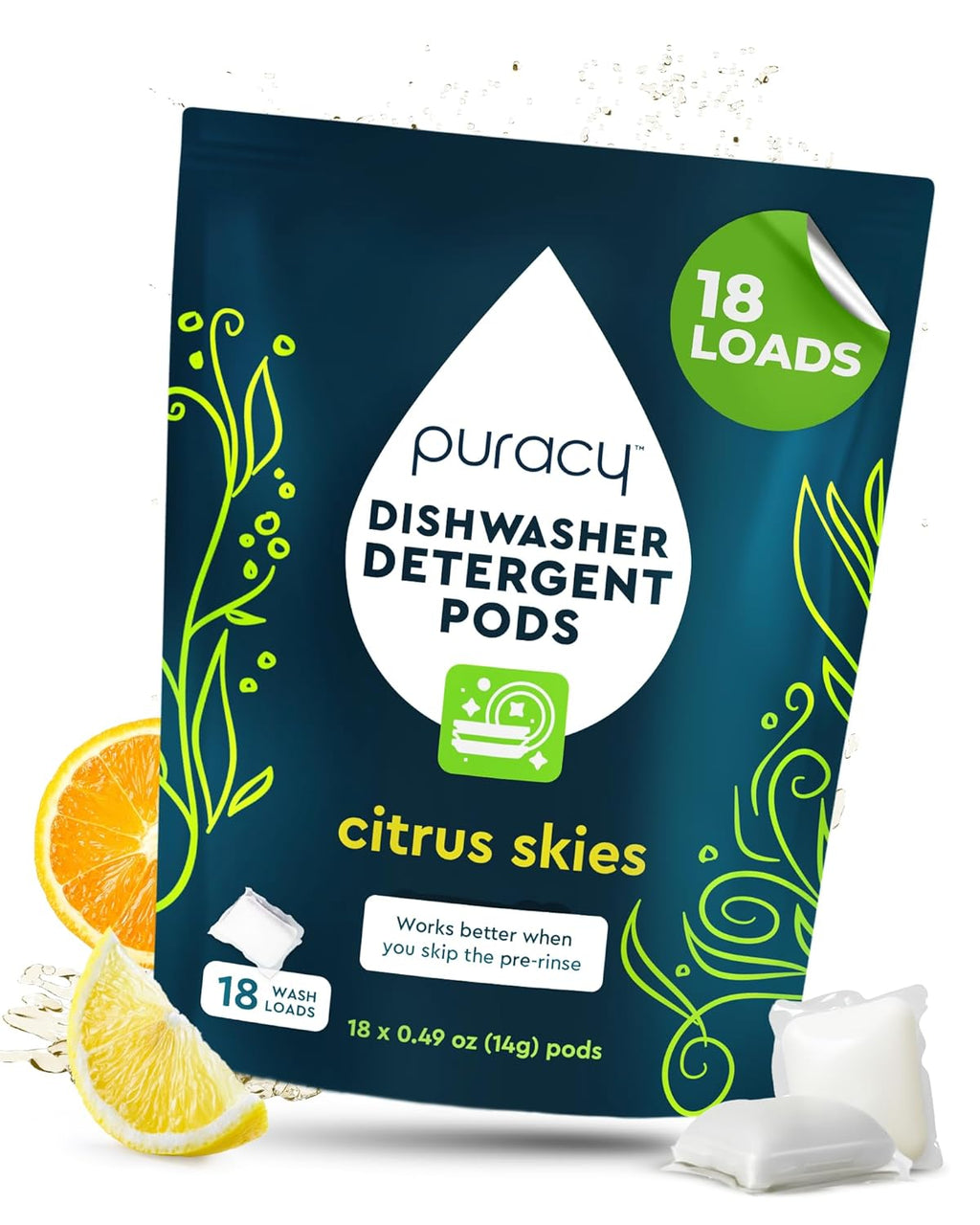 Puracy Dishwasher Pods, Natural Dishwasher Detergent, Free & Clear Dish tabs - Enzyme-Powered, Spot