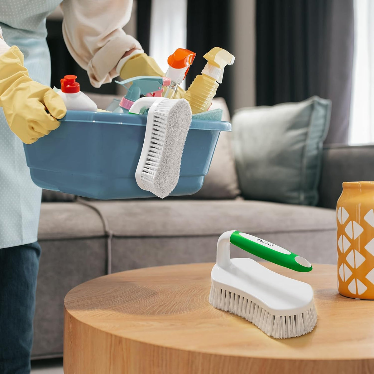Amazer Scrub Brush for Cleaning Comfort Grip Shower Scrubber Stiff Bristles with Handle Heavy Duty