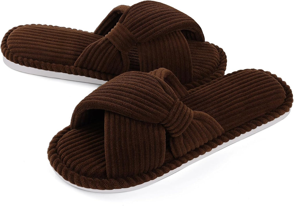 Evshine Summer House Slippers for Women Corduroy Cross Bow Indoor Slippers Open Toe Slip On Bedroom