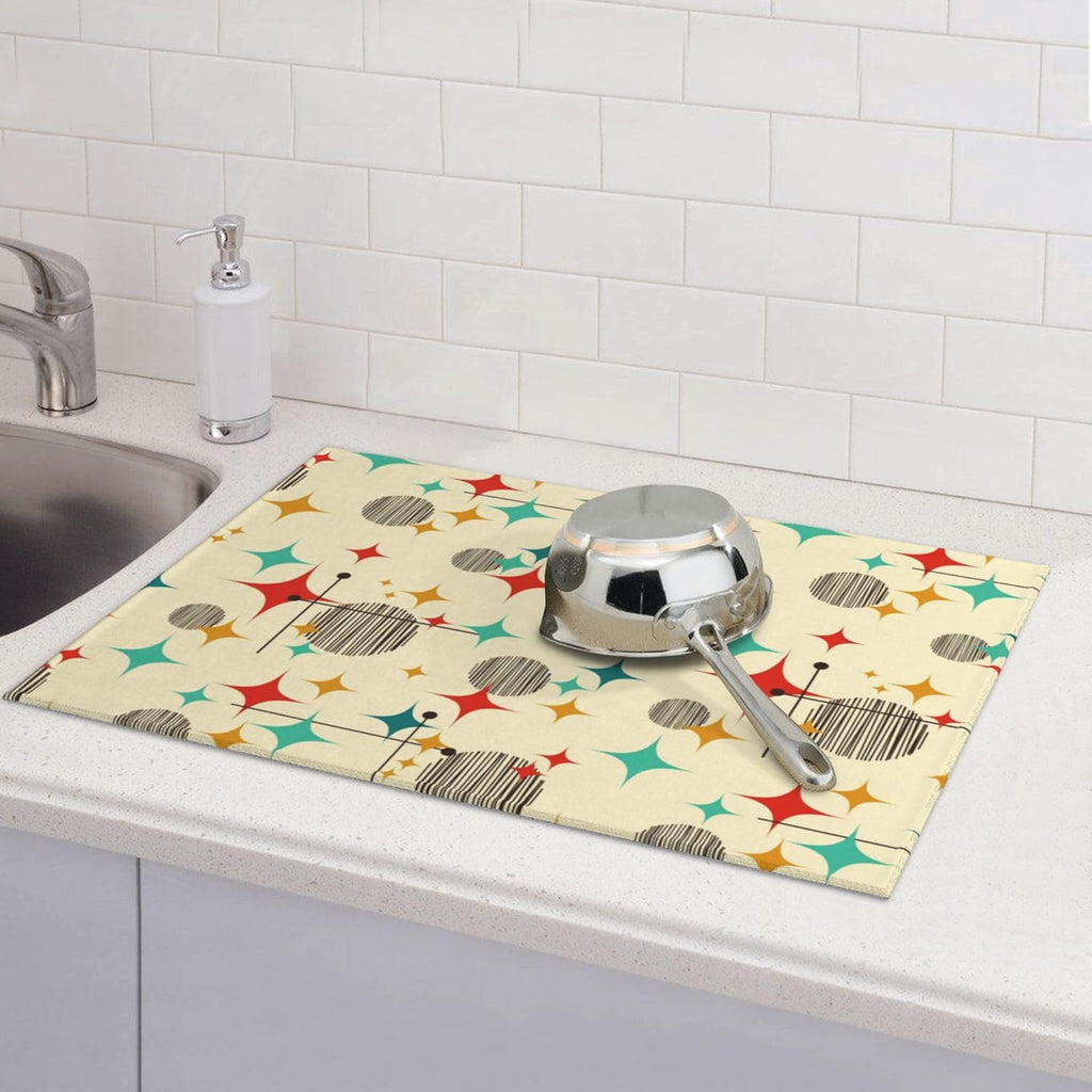 Mid Century Modern Atomic Retro Microfiber Dish Drying Mat for Kitchen Counter 18"x24" Yellow