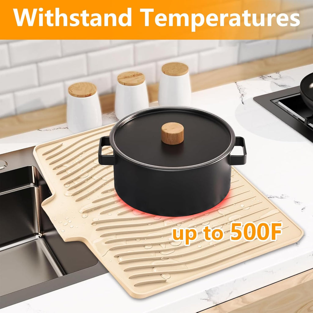 Silicone Dish Drying Mat for Kitchen Counter, Dish Drainer Mat, Non-Slip Drying Pad with Built-in