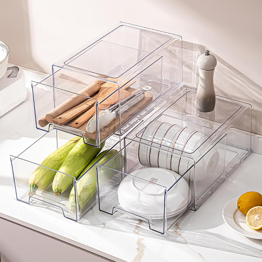PeJeyiee Clear Stackable Refrigerator Organizers and Storage Drawers - Pull-Out Fridge Bins with