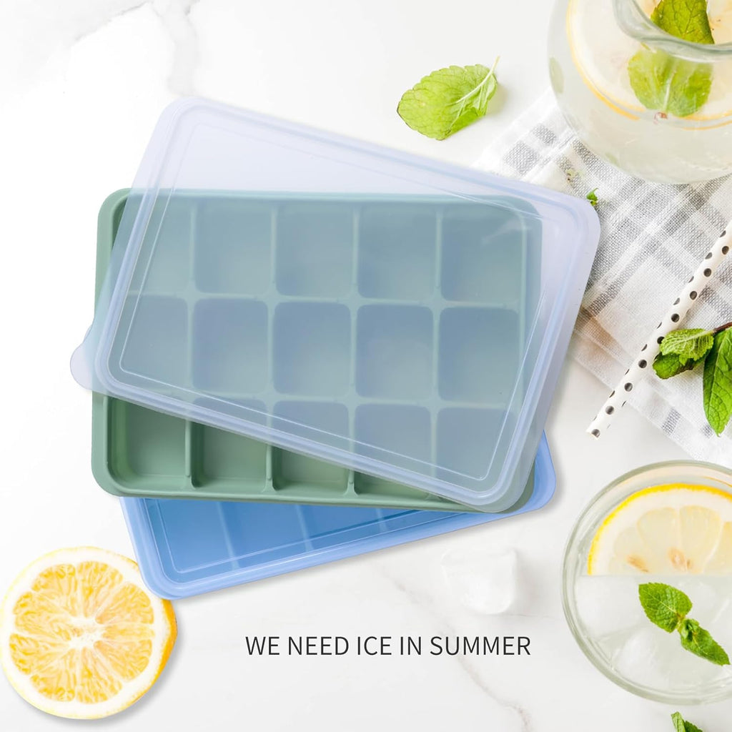 Ice Cube Trays Set of 2, Easy Release 15 Flexible Silicone Ice Cube Molds with Removable Lid
