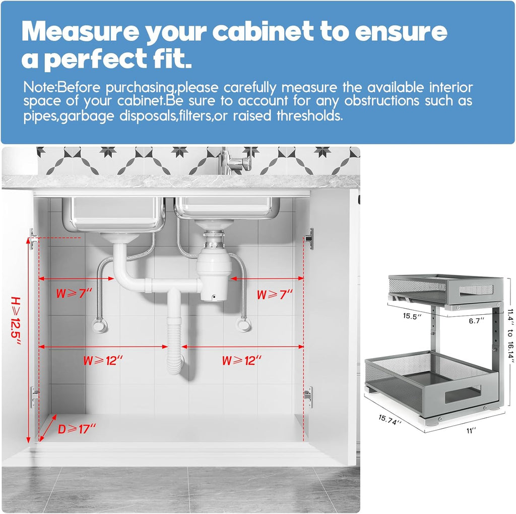 2-Pack Under Sink Storage Organizer, Large 2-Tier Elegant Mesh Pull Out Shelf for Kitchen and