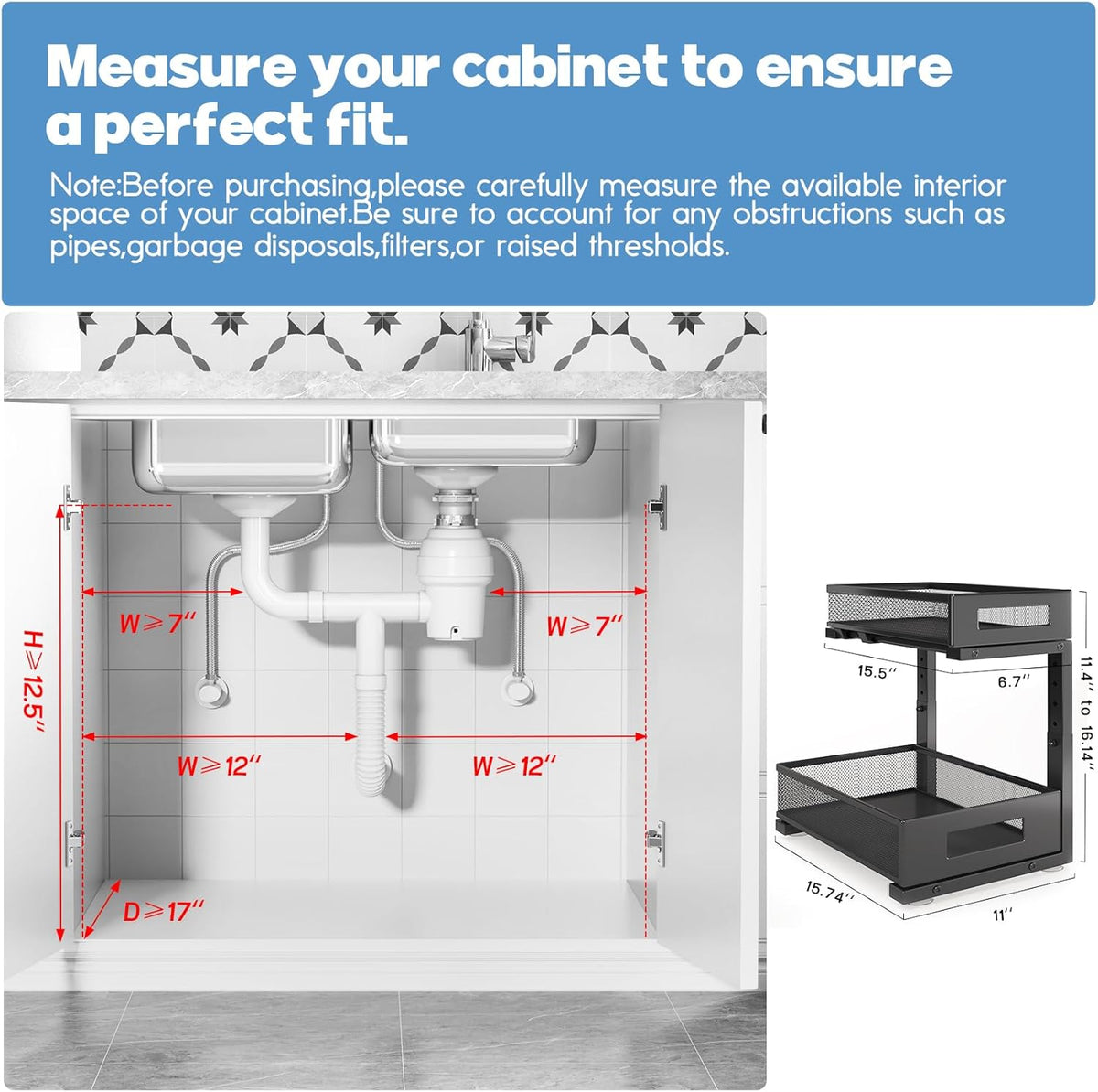 1 Pack-11.4"-16.14"H Under Sink Storage Organizer, Large 2-Tier Elegant Mesh Pull Out Shelf for
