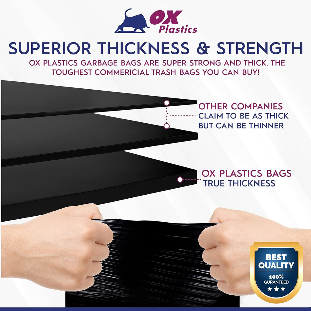 Ox Plastics 60 Gallon Trash Can Liners Garbage Bags - 100 Count & 2mil Thick Extra Heavy Duty Trash