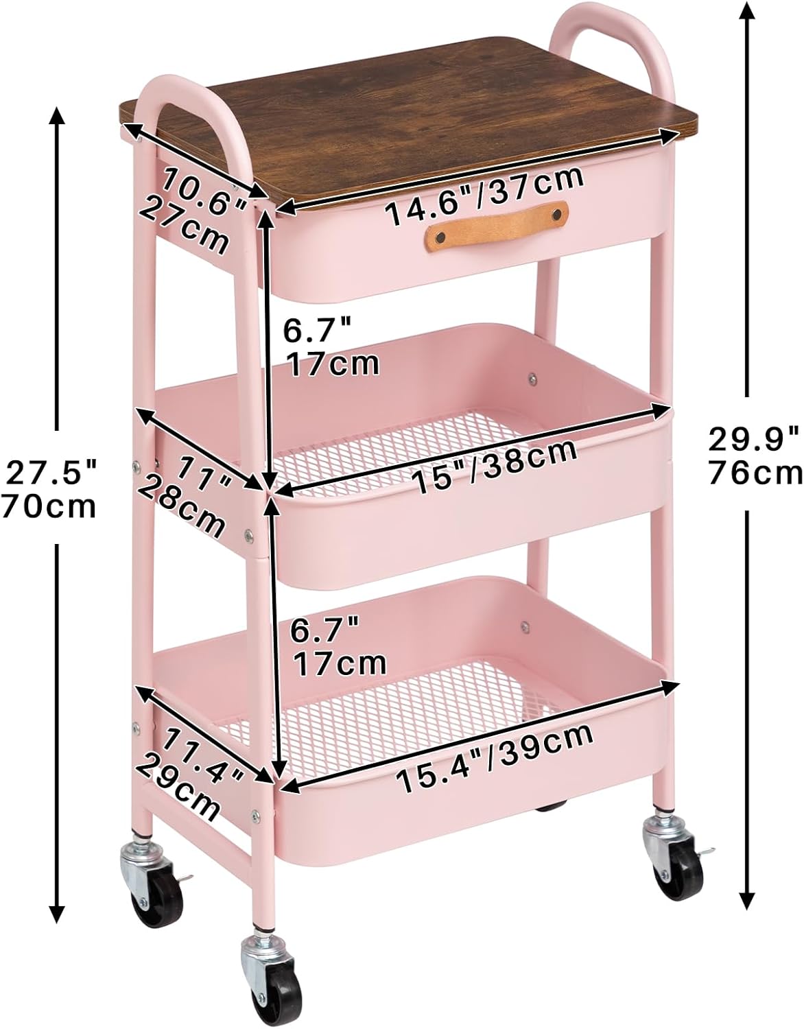 AGTEK Makeup Organizer Cart with Drawer, 3-Tier Metal Utility Cart with Hanging Cups, Leather
