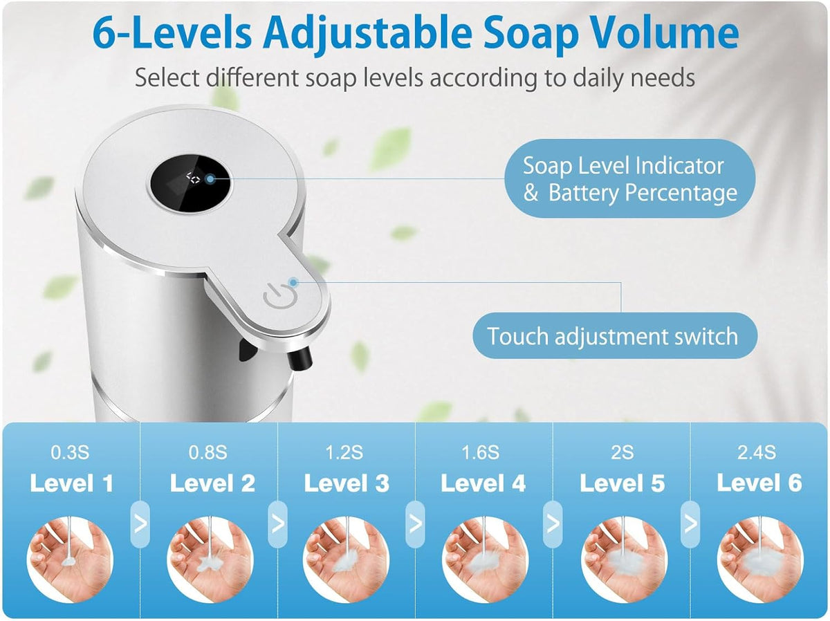 Automatic Liquid Soap Dispenser 12.8oz, Rechargeable & 6 Levels Soap Adjustable with Digital