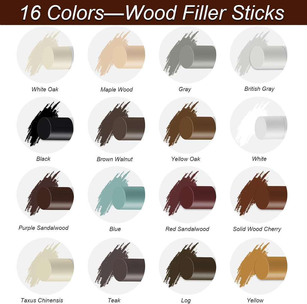 16+4P Wood Filler Sticks with 1P Box, 1P Knife, 1P Scraper and 1P Rag, Pletpet 16 Color Furniture