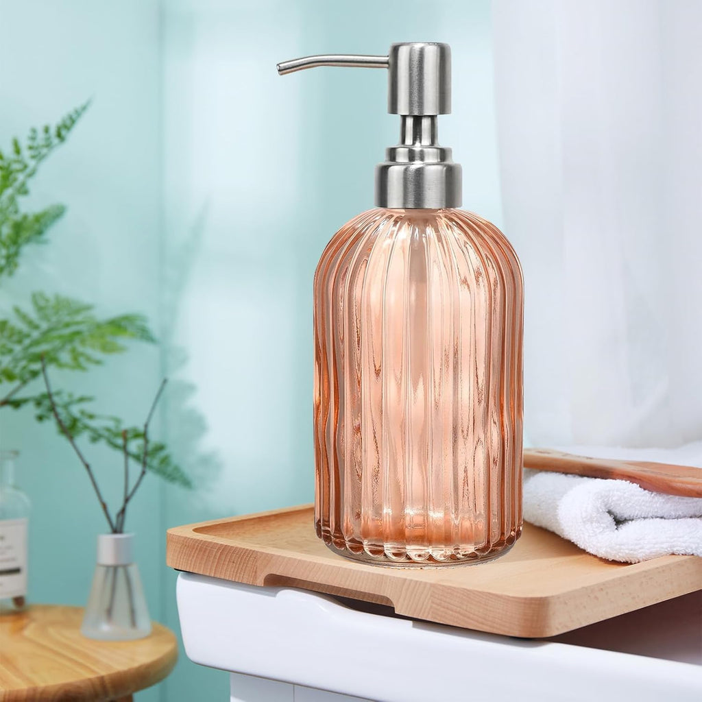 14Oz Amber Soap Dispenser Bathroom, Clear Glass Hand Soap Dispensers with Stainless Steel Pump