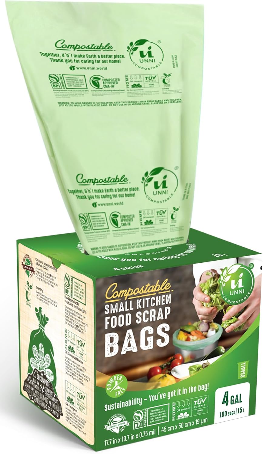 UNNI Compostable Trash Bags, 4 Gallon / 15 Liter, 100 Count, Extra Thick 0.75 mil Small Kitchen