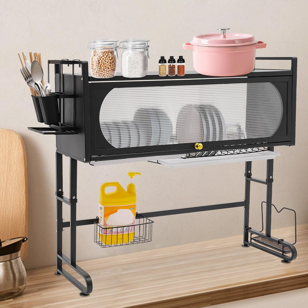 3 Tier Over The Sink Dish Drying Rack W/Clear Cabinet Door, Adjustable Dish Drainer Rack, Black