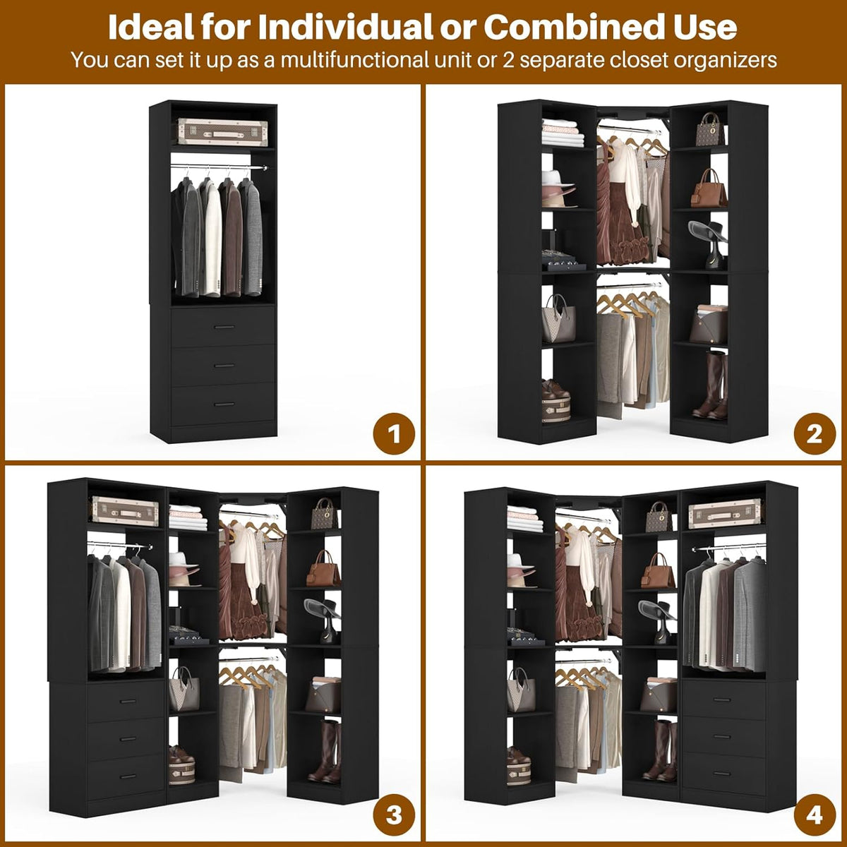 Corner Closet System with 3 Drawers, Corner Closet Organizer System with 13 Shelves & 3 Hanging