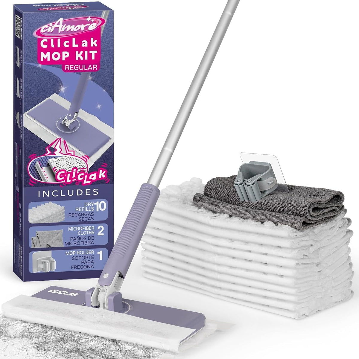 Sweeper Mop, Touch-Free Attach & Remove Cloth Instantly, Compatible with Swiffer Pads, Clamp Clip