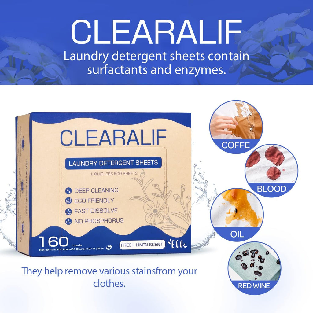CLEARALIF Laundry Detergent Sheets Up to 160 Loads, Fresh Linen - Great For Travel,Apartments
