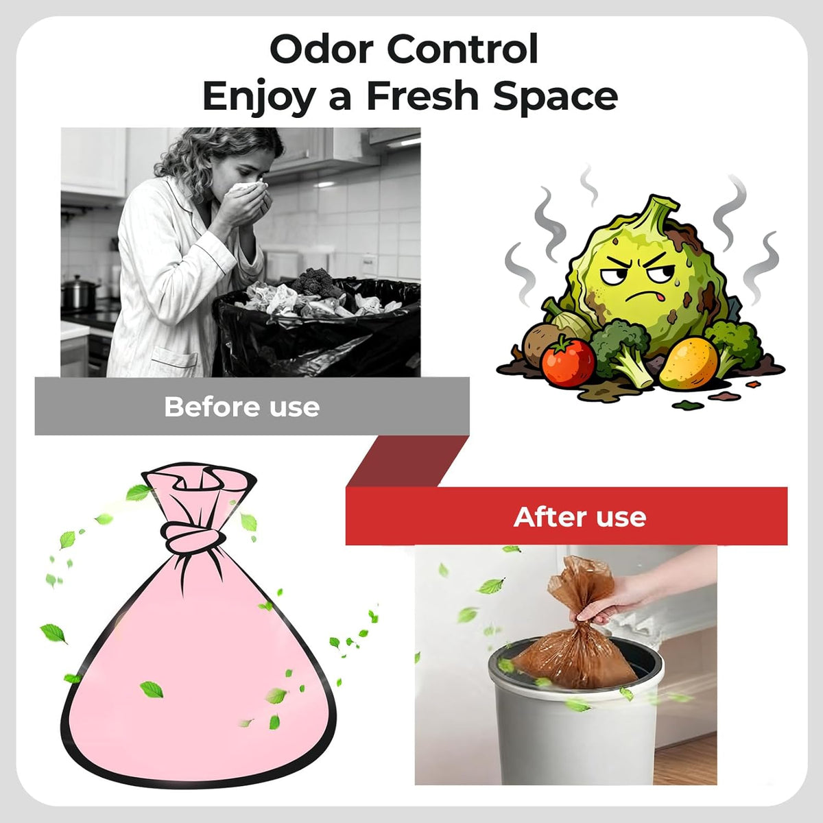 Odor Sealing Small Trash Bags Home & Food Use M-220 Count Disposable Bags, Durable and Unscented