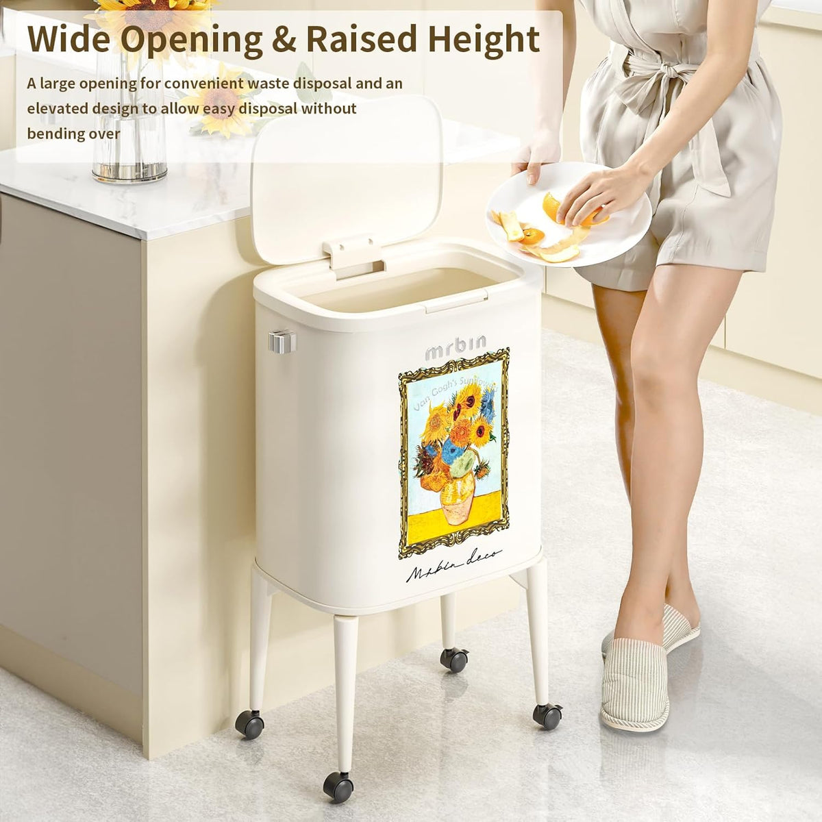 MRBIN Metal Kitchen Trash Can with Wheel Legs, 36L / 9.5gal Medium Press Lid Slim Waste Basket, Pet