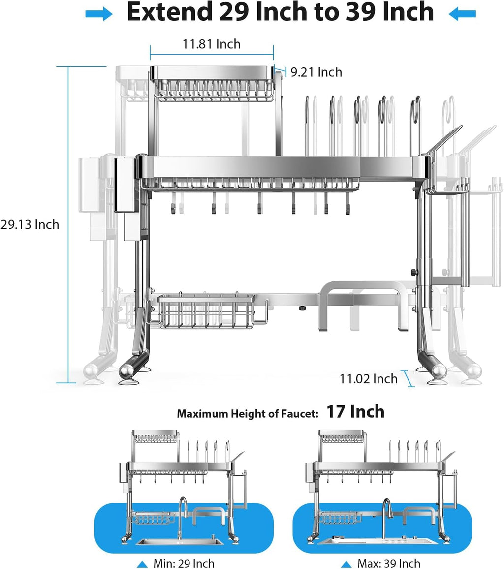 Over Sink Dish Drying Rack, Upgrade 2.5-Tier 304 Stainless Steel Dish Rack Adjustable Length with