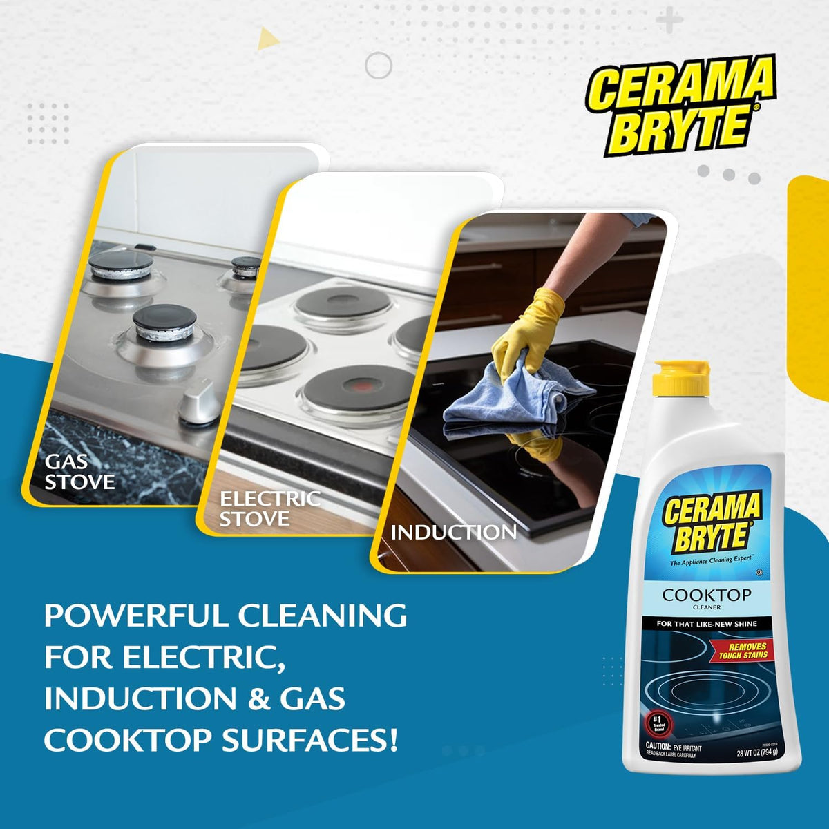 Cerama Bryte Glass Cooktop and Stove Top Cleaner Combo Kit - Includes Cleaning Tool, Razor, Scraper