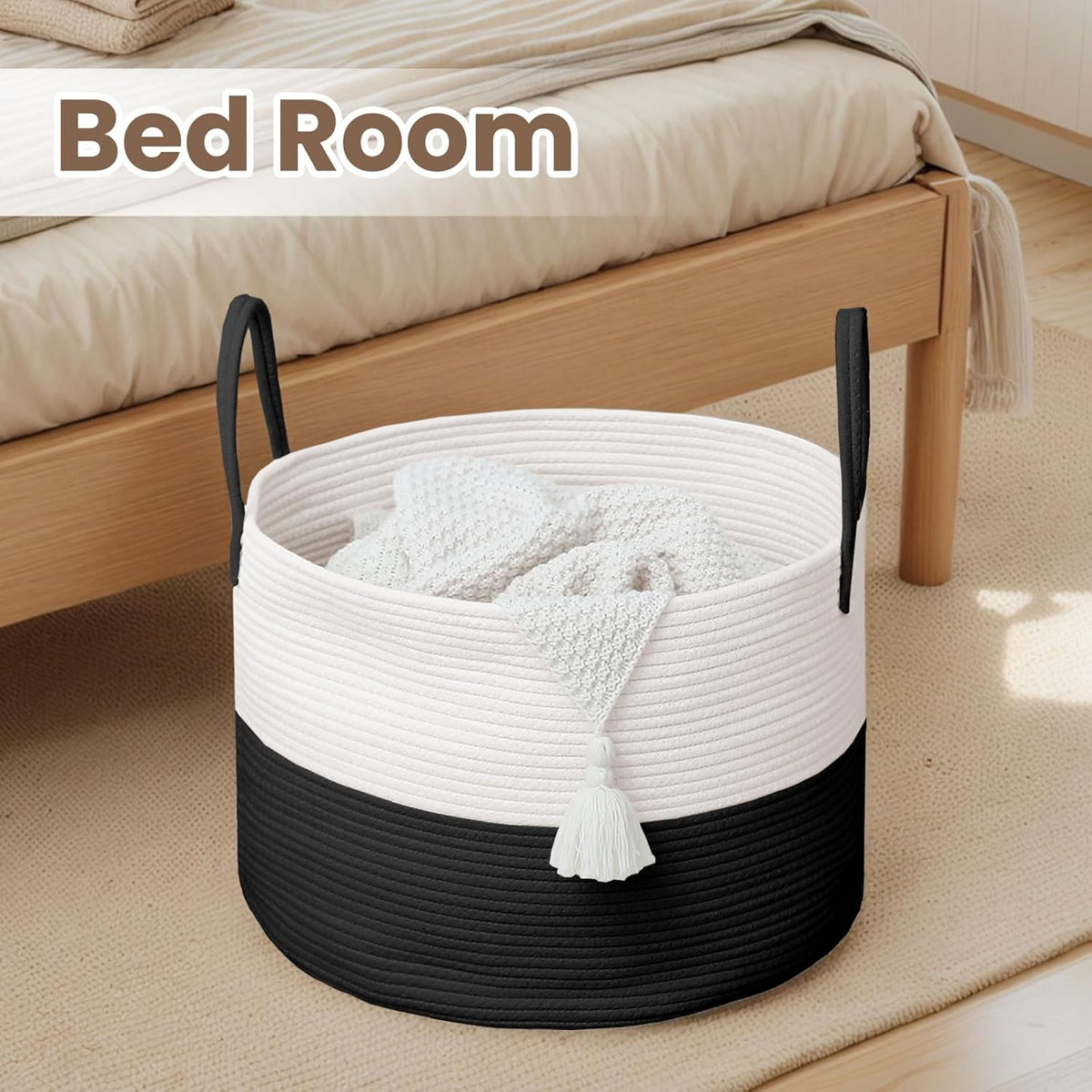 Woven Blanket Basket,65L Large Rope Storage Bin with Handles, Organizer for Blankets Toys Book and