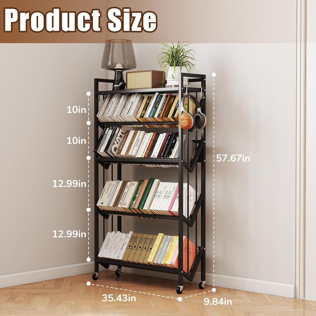 Book Carts 5 Tier 57.7x35.4x9.84 in Rolling Book Cart Large Capacity Bookshelf Storage Rack Mobile