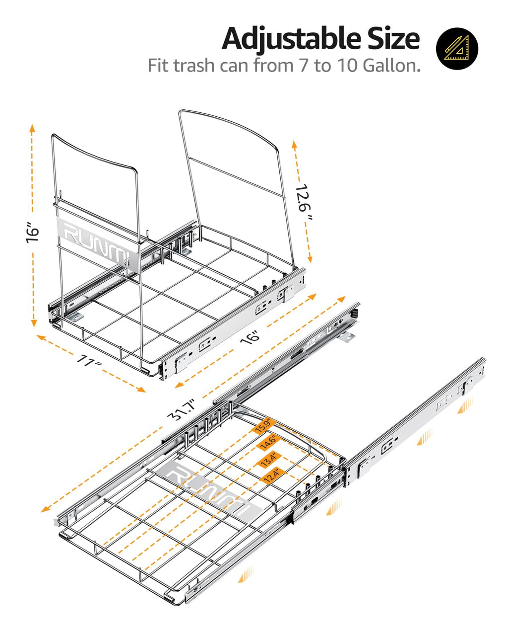 Pull Out Trash Can Under Cabinet，Heavy Duty Slide-Out Cabinet Kit, Adjustable Cabinet Trash Can