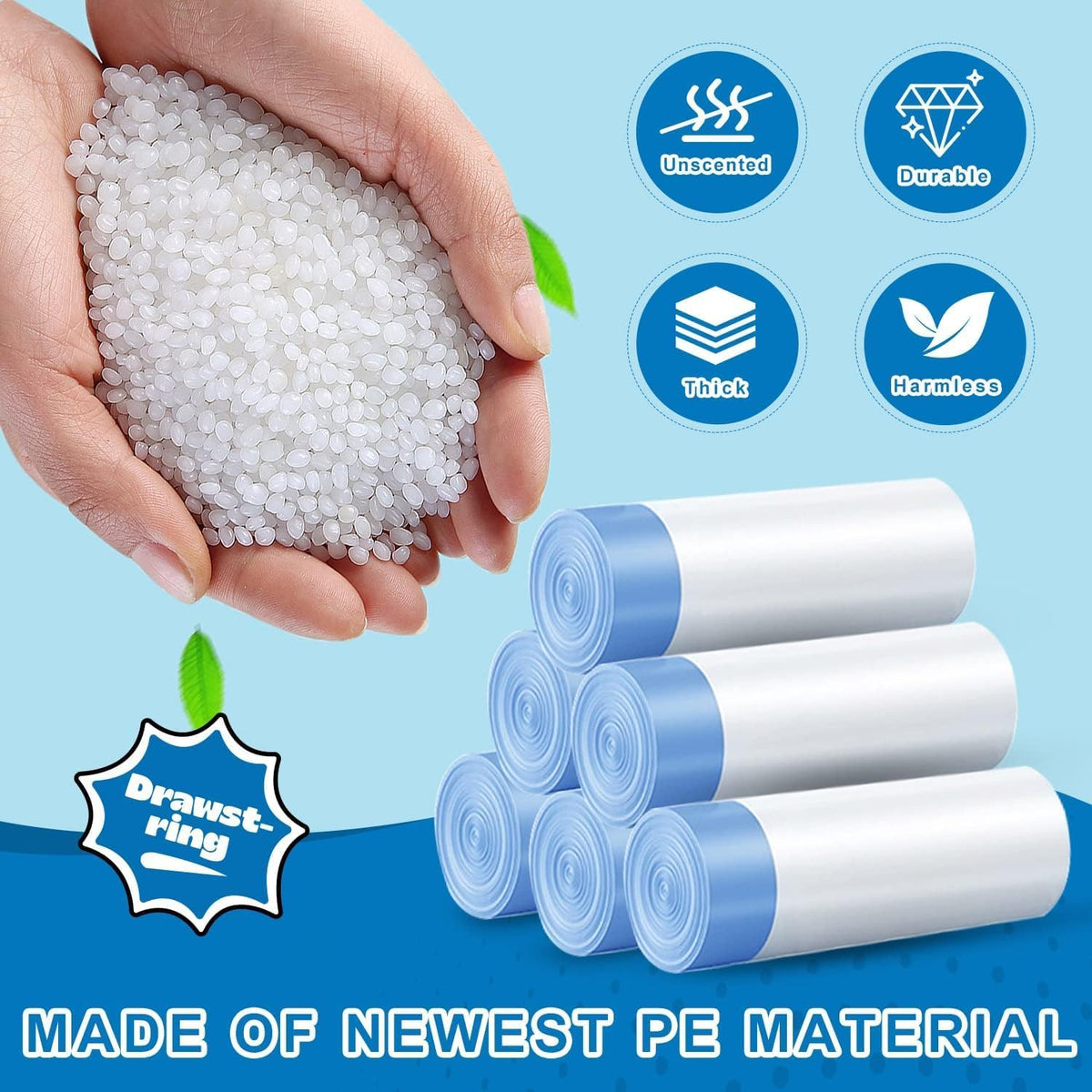 10-13 Gallon Trash Bags Drawstring 1.2 Mil - White Garbage Bags Unscented,37.8 Liter Strong Can
